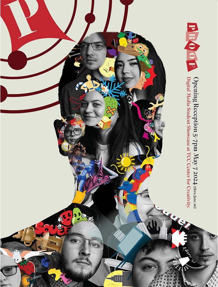 Digital media Student Showcase poster. Silhouette of a head and shoulders filled with a collage of faces.