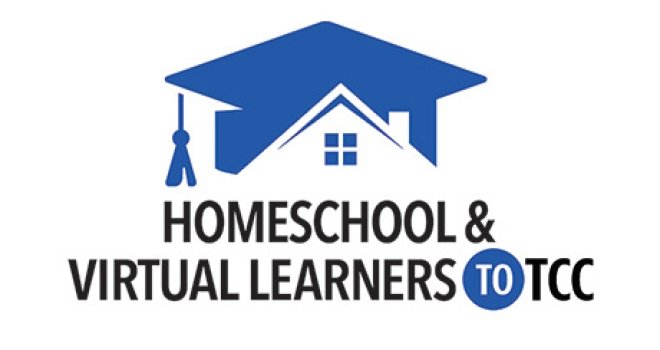 An outline of a house with a graduation cap on top. Text: Homeschool & Virtual Learners to Tulsa Community College
