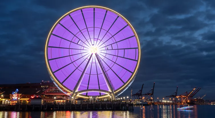 Night photo of a ferris wheel near a body of water with purple lights all around the wheel